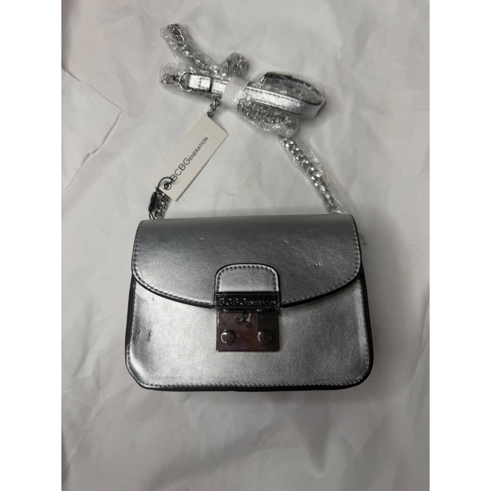 BCBGeneration Silver Metallic Crossbody Bag BG119361 Hailey Faux Leather Purse